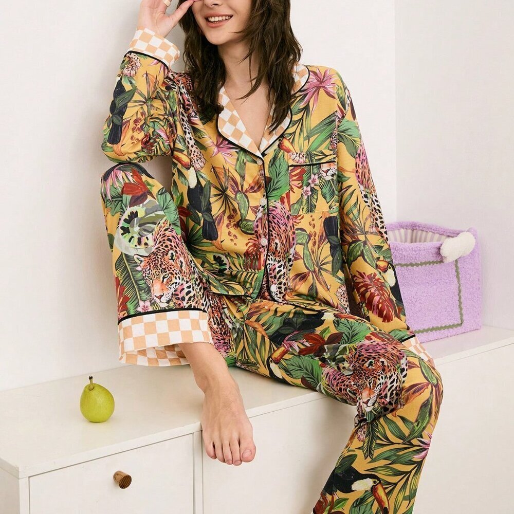 Multicolor Casual Women's Tropical Loungewear Animal Print Pajama Set
